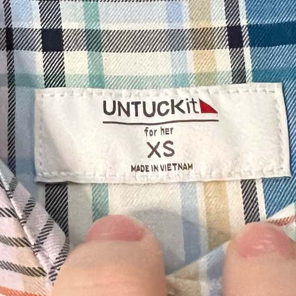 NWT Untuckit Cotton Ruffle-Collar Margot Shirt Blue Multi Plaid - Picture 6 of 10